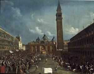 Procissão do doge e distribuição de dinheiro aos cidadãos, na Praça de São Marcos (O doge levava em procissão pela Praça de São Marcos em Veneza distribuindo dinheiro aos cidadãos). - Pintura de Gabriele Bella (ca. 1730-1799). Veneza, Fundação Querini Stam de Gabriele Bella