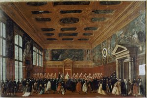 Recepção de Embaixadores no Colégio (Veneza, recepção de um embaixador no Colégio) - Pintura de Gabriele Bella (ca. 1730-1799), óleo sobre tela, 99x150 cm. Veneza, Fundação Querini Stampalia de Gabriele Bella