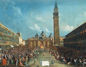 O Doge sendo carregado triunfantemente e espalhando dinheiro na Piazza San Marco (Praça de São Marcos) de Gabriele Bella