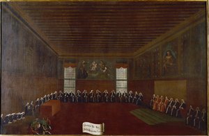 Vista da sala da Quarentena Criminal, Supremo Tribunal ou Conselho dos Quarenta Pintura de Gabriele Bella (1733-1799) Veneza do século XVIII, Fondazione "Querini Stampalia". de Gabriele Bella