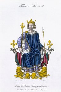 Figura de Carlos VI, gravado por Amedee Peree, de "História dos Reis da França" (cor lito) de Gabrielle Willemin
