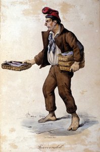 Pequenos metiers de Nápoles: o vendedor de peixe (peixeiro). Litografia de F. Dura