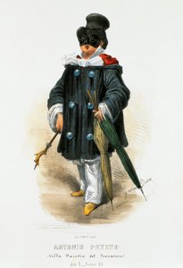 O ator Antonio Petito (1822-1876) em traje de palco na paródia O Trovador, litografia de Gaetano Dura (1805-1874)