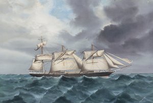 Clipper "Blackadder" no mar com o mastro de proa e o mastro principal partidos