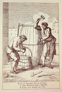 Coopers no trabalho, gravura de Gaetano Gherardo Zompini (1700-1778) de As artes da vida cotidiana na cidade de Veneza, Itália de Gaetano Zompini