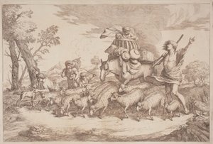 Uma viagem pastoral com uma criança em um cesto a cavalo de Gaetano Zompini, after Giovanni Benedetto Castiglione