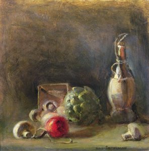 Jarro de Vinho com Alcachofra e Cogumelos (óleo sobre tela)