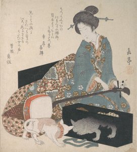 Mulher ajustando um Shamisen e um gato olhando para seu próprio reflexo, meados da década de 1820.