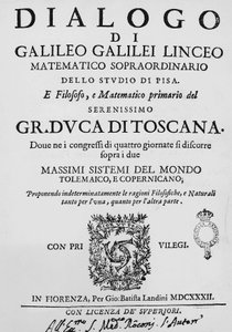 Página de título do Diálogo sobre dois principais sistemas mundiais, Ptolemaic e Copérnico, de Galileo Galilei (1564-1642), publicado em Florença, em 1632, por Gian Battista Landini