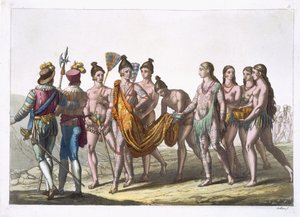 Viúvas americanas nativas se aproximam de seu chefe de permissão para se casar novamente, placa 57 de &39;Le Costume Ancien et Moderne&39; por Jules Ferrario, publicado c.1820s-30s de Gallo Gallina