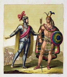 O Encontro entre Hernando Cortes (1485-1547) e Montezuma II (1466-1520), de &39;Le Costume Ancien et Moderne&39;, Volume I, placa 63, de Jules Ferrario, publicado em 1820s-30s (gravura colorida)