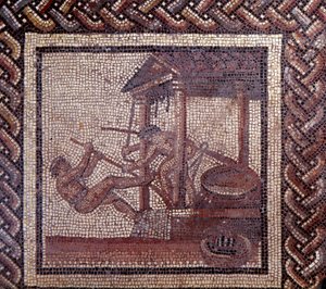 Gallo Roman Art: pavimentação em mosaico representando um calendário rústico. Uma prensa de azeite. Fim do século II, início do século III depois de JC. De Saint-Romain-en-Gal (Rhone). Saint Germain en Laye, Museu Nacional de Arqueologia. de Gallo Roman
