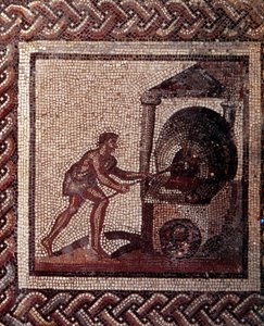 Gallo Roman Art: pavimentação em mosaico representando um calendário rústico. Cena de fabrico de pão. Fim do século II, início do século III depois de JC. De Saint-Romain-en-Gal (Rhone). Saint Germain en Laye, Museu Nacional de Arqueologia. de Gallo Roman