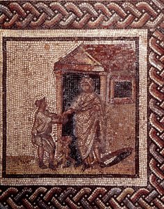 Gallo Roman Art: pavimentação em mosaico representando um calendário rústico. Cena de celebrações. Fim do século II, início do século III depois de JC. De Saint-Romain-en-Gal (Rhone). Saint Germain en Laye, Museu Nacional de Arqueologia. de Gallo Roman