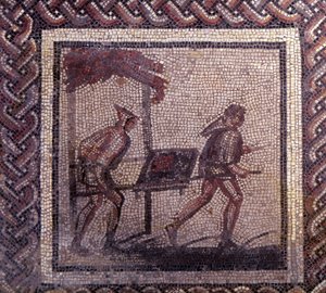 Gallo Roman Art: pavimentação em mosaico representando um calendário rústico. Cena de transporte de estrume. Fim do século II, início do século III depois de JC. De Saint-Romain-en-Gal (Saint Romain en Gal, Rhone). Saint Germain en Laye, Museu Nacional de  de Gallo Roman