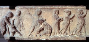 Arte Galo-romana (galo-mínio): friso de mármore em baixo relevo de um sarcófago e representando crianças jogando bola. Século II d.C. Paris, Museu do Louvre