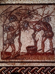 Galloromain art: Outono: apanha de maçãs e colheita. Pavimentação em mosaico representando um calendário rústico de Saint Romain en Gal. Fim do século II-início do século III. Saint Germain en Laye, Museu de Antiguidades de Gallo Roman Gallo Roman