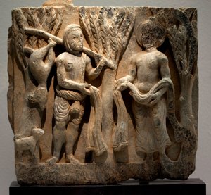 Troca de roupa com um caçador. Baixo relevo esculpido, arte de Gandhara (Paquistão), século 2-3. Museu Nacional da Coréia, Seul (Coréia do Sul). de Gandhara School