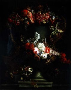 Conjunto de uvas, ameixas e romãs com flores de Gaspar Pieter II Verbruggen