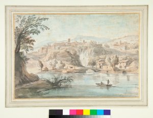 Paisagem em Tivoli (caneta e tinta marrom e lavagens coloridas) de Gaspar van Wittel