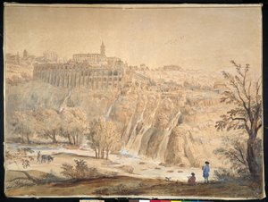 Vista do Mosteiro Basiliano em Grottaferrata, Roma (caneta e tinta com aguarela sobre papel) de Gaspar van Wittel