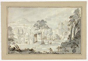 Caçador com cachorro, outras figuras na paisagem com Villa, Canal, Pirâmide de Gaspar van Wittel