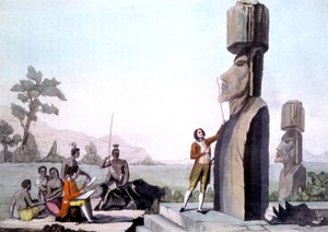 La Perouse com a sua tripulação, medindo as Estátuas da Ilha de Páscoa (1786), gravando de Gaspard (after) Duche de Vancy