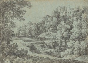 Paisagem italiana com fortificações e uma cachoeira