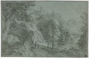 Paisagem italianizada com igreja num penhasco de Gaspard Dughet