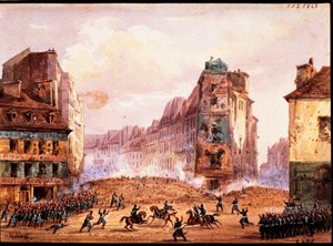 Cena da Revolução de 1848, barricada Culture Sainte Catherine Street no mês de Fevereiro, por Gobaut, França de Gaspard Gobaut