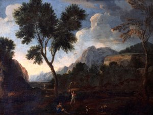 Caçadores em um vale, por Gaspard Dughet (1615-1675), óleo sobre tela, 56x67 cm.