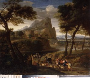 ""Paisagem com grupo de viajantes"" (Paisagem com caravana) Pintura de Gaspard Dughet (1615-1675) Museu ao ar livre do século XVII Palácio Gatchina, São Petersburgo de Gaspard Poussin Dughet