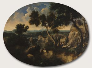 Paisagem rochosa com caçadores, c.1635 de Gaspard Poussin Dughet