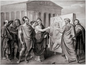 O político ateniense Péricles (495-429 AC) e Aspasie, seu companheiro, dirigem o trabalho de Phidias para o Pártenon a Athenes (Péricles e Aspasia dirigem o trabalho de Phidias para o Pártenon em Atenas) Gravura depois de uma pintura de Gaspare Landi (1756 de Gaspare Landi