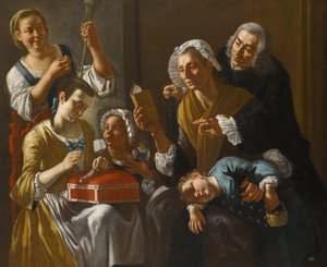 La lecon de couture - The Sewing Lesson par Traversi, Gaspare (1732-1769). Óleo sobre tela, tamanho : 131x158, ca 1760, Colecção Privada de Gaspare Traversi