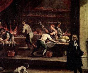 Cozinheiros venezianos trabalhando em uma cozinha Detalhe - Pintura atribuída a Gaspare Diziani (1698-1767), alferes da arte de cozinhar (Arte dei cuochi) Veneza, Museo Correr