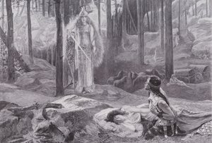 A Revelação (Brunnhilde descobrindo Sieglinde e Siegmund) (litho) de Gaston Bussiere