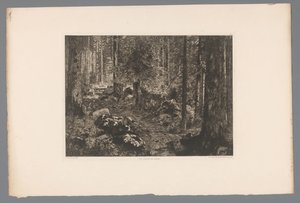 Boslandschap Os abetos dos Doubs (título no objeto) França etsen uit 1876 (título da série) Gravura em 1876 (título da série) de Gaston Coindre