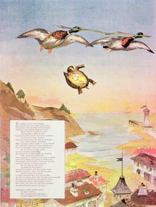 A tartaruga e os dois patos, das fábulas por Jean de La Fontaine (1621-95) 1888 (gravura da cor)