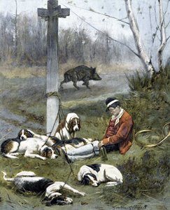 O caçador e os seus cães adormecidos - gravura de Gaston Gelebert