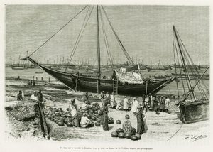 Um tepe no mercado de Zanzibar (Tanzânia). Gravura de G.Vuillier, para ilustrar a história Voyage among the Benadirs, Somalis and Bayouns, em 1882 e 1883, de G.Revoil, in le tour du monde 1888, dirigido por Edouard Charton (1807-1890), Hachette, Paris. de Gaston Vuillier