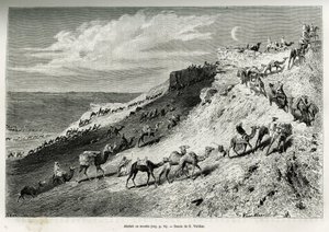 Akabah ou alinhar camelos da caravana. Gravura de G.Vuillier, para ilustrar a história "pelerinage au Nedjed, berço da raça árabe", de Lady Anna Blunt, em 1878-1879, publicada no Tour du monde, sob a direcção de Edouard Charton (1807-1 de Gaston Vuillier
