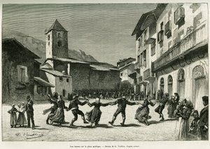Dança na praça pública. Gravura de G.Vuillier, para ilustrar a história Le val d