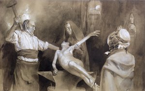 Martelando o baço (lápis e lavagem no papel) de Gaston Vuillier