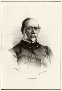 Retrato de Emile Templier (1821- 1891), colaborador de Louis Hachette (1800-1864), encarregado da fabricação do "Tour du monde". Gravura de G.Vuillier, para ilustrar a história "From Paris to Tonkin, through the unknown Tibet" de Gabriel Bonvalo de Gaston Vuillier