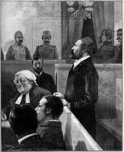 Procesos da Arabi Pasha egípcia (Orabi Pasha, Ahmed Urabi) (1841-1911), organizador do motim anti-europeu de Alexandria em junho de 1882. Gravura de Vuillier em "Le Monde Illustré" n°1343 de 13 de Dezembro de 1882.