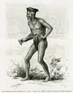 Sibou Mobang, chefe dos canibais. Gravura de G.Vuillier, para ilustrar a história De Koutei a Bandjirmasin, viagem pelo Bornéu, de Carl Bock, em le tour du monde 1890, dirigido por Edouard Charton (1807-1890), Hachette, Paris. de Gaston Vuillier