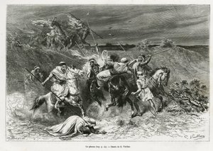 O Ghazou, ou razzia, saqueando com uma mão. Gravado por G.Vuillier, para ilustrar a história "pelerinage au Nedjed, berço da raça árabe", de Lady Anna Blunt, em 1878-1879, publicado no Tour du monde, sob a direcção de Edouard Charton (1807-