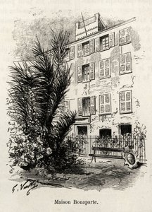 A fachada da casa Bonaparte, na qual Napoleão Bonaparte (1769-1821) não está. Gravura e história "La Corse" de Gaston Vuillier (1845-1915), em 1890, em Le tour du monde, nouveau journal des voyages, sob a direção de Edouard Charton (1807-189 de Gaston Vuillier