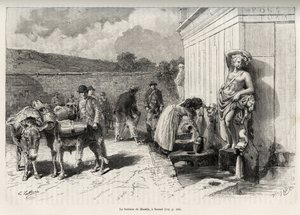 A fonte do Rossello, em Sassari (Itália). Atividades diárias, mulher enchendo um nicho e carregadores de água com seus burros, enchendo seus barris. Gravura e história "La Sardaigne" de Gaston Vuillier (1845-1915), em 1890, em Le tour du monde, nouv de Gaston Vuillier